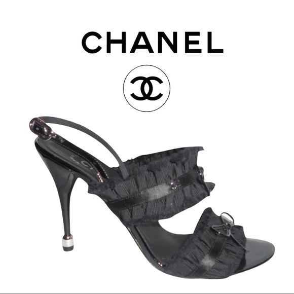 CHANEL Shoes - Chanel Satin Ruffle Patent Leather Bow Heel Sandals EU 39.5 (Fit small)